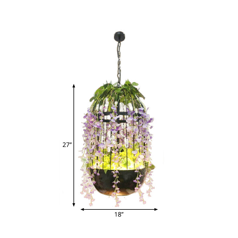 Burst/Barn/Birdcage Plant LED Pendant Lamp Industrial Pink/Green/Purple Finish Iron Hanging Chandelier for Bistro Clearhalo 'Cast Iron' 'Ceiling Lights' 'Chandeliers' 'Industrial Chandeliers' 'Industrial' 'Metal' 'Middle Century Chandeliers' 'Rustic Chandeliers' 'Tiffany' Lighting' 1907042