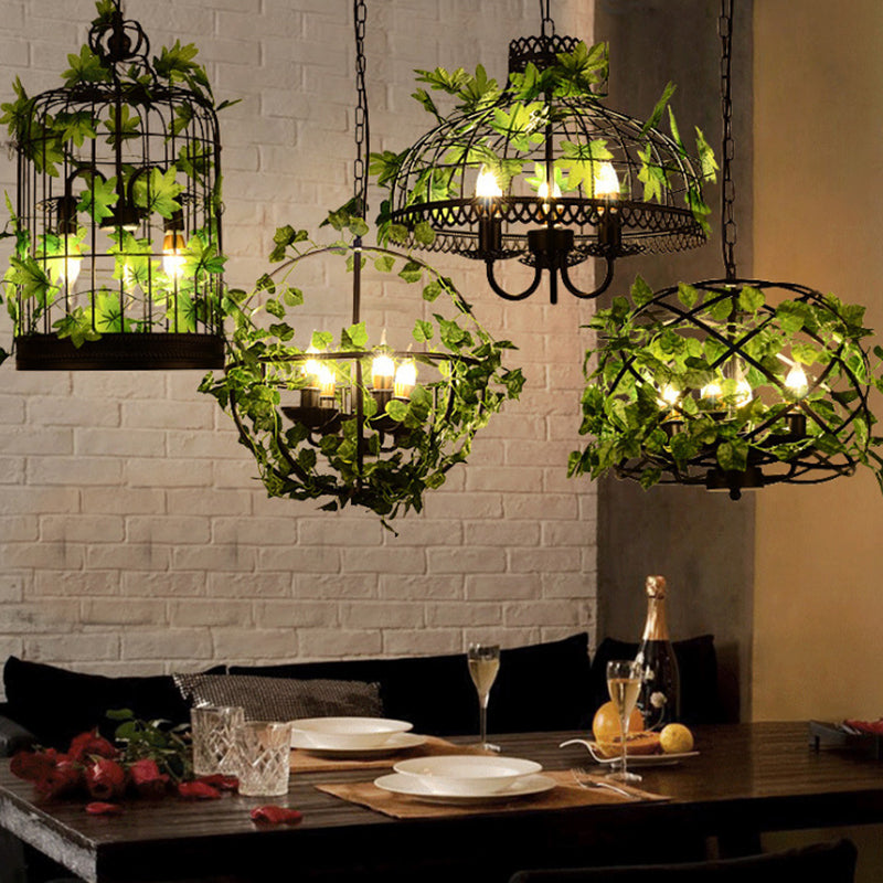4-Head Plant Pendant Chandelier Rural Restaurant Hanging Light with Basket/Bowl Iron Cage in Black Clearhalo 'Cast Iron' 'Ceiling Lights' 'Chandeliers' 'Industrial Chandeliers' 'Industrial' 'Metal' 'Middle Century Chandeliers' 'Rustic Chandeliers' 'Tiffany' Lighting' 1907053