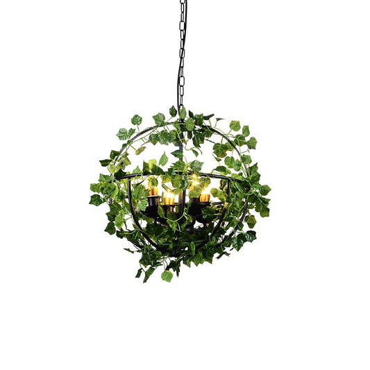 4-Head Plant Pendant Chandelier Rural Restaurant Hanging Light with Basket/Bowl Iron Cage in Black Black A Clearhalo 'Cast Iron' 'Ceiling Lights' 'Chandeliers' 'Industrial Chandeliers' 'Industrial' 'Metal' 'Middle Century Chandeliers' 'Rustic Chandeliers' 'Tiffany' Lighting' 1907054