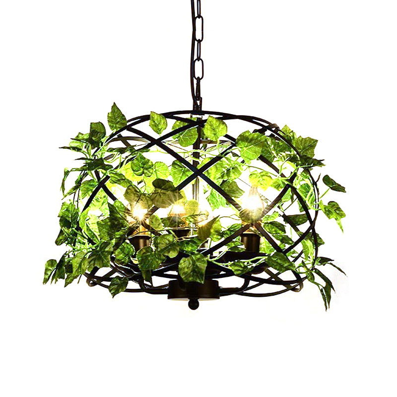4-Head Plant Pendant Chandelier Rural Restaurant Hanging Light with Basket/Bowl Iron Cage in Black Black B Clearhalo 'Cast Iron' 'Ceiling Lights' 'Chandeliers' 'Industrial Chandeliers' 'Industrial' 'Metal' 'Middle Century Chandeliers' 'Rustic Chandeliers' 'Tiffany' Lighting' 1907056