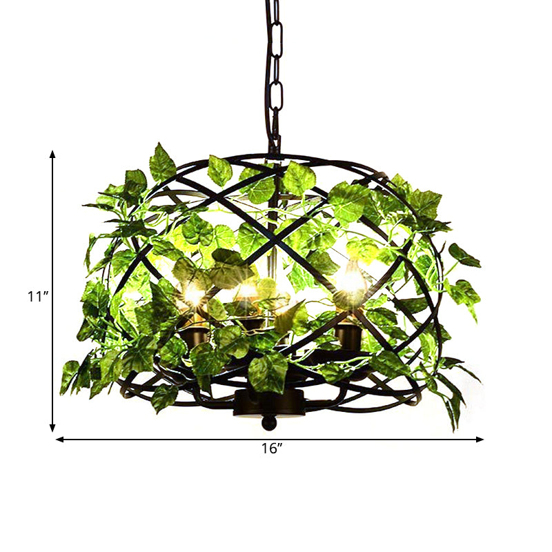 4-Head Plant Pendant Chandelier Rural Restaurant Hanging Light with Basket/Bowl Iron Cage in Black Clearhalo 'Cast Iron' 'Ceiling Lights' 'Chandeliers' 'Industrial Chandeliers' 'Industrial' 'Metal' 'Middle Century Chandeliers' 'Rustic Chandeliers' 'Tiffany' Lighting' 1907057