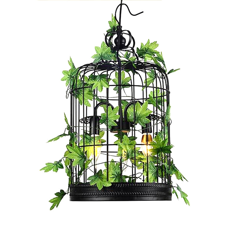 4-Head Plant Pendant Chandelier Rural Restaurant Hanging Light with Basket/Bowl Iron Cage in Black Black D Clearhalo 'Cast Iron' 'Ceiling Lights' 'Chandeliers' 'Industrial Chandeliers' 'Industrial' 'Metal' 'Middle Century Chandeliers' 'Rustic Chandeliers' 'Tiffany' Lighting' 1907058