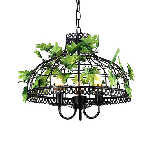4-Head Plant Pendant Chandelier Rural Restaurant Hanging Light with Basket/Bowl Iron Cage in Black Black E Clearhalo 'Cast Iron' 'Ceiling Lights' 'Chandeliers' 'Industrial Chandeliers' 'Industrial' 'Metal' 'Middle Century Chandeliers' 'Rustic Chandeliers' 'Tiffany' Lighting' 1907062