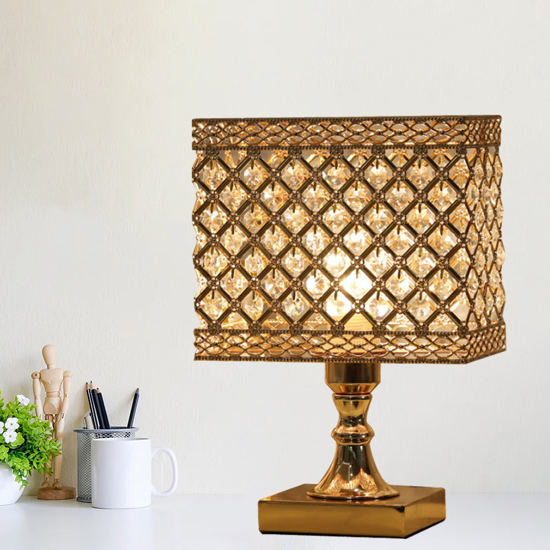 Gold Geometry Reading Light with Grid/Dot Design Modernist 1-Light Crystal Encrusted Nightstand Lamp for Bedside Gold A Clearhalo 'Lamps' 'Table Lamps' Lighting' 1907182