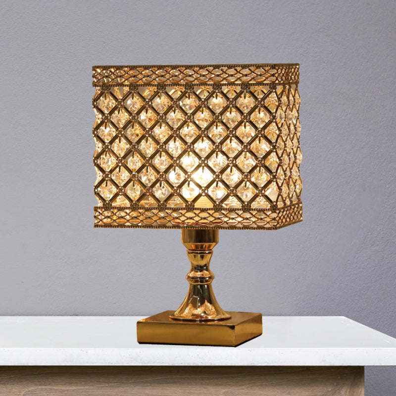 Gold Geometry Reading Light with Grid/Dot Design Modernist 1-Light Crystal Encrusted Nightstand Lamp for Bedside Clearhalo 'Lamps' 'Table Lamps' Lighting' 1907183