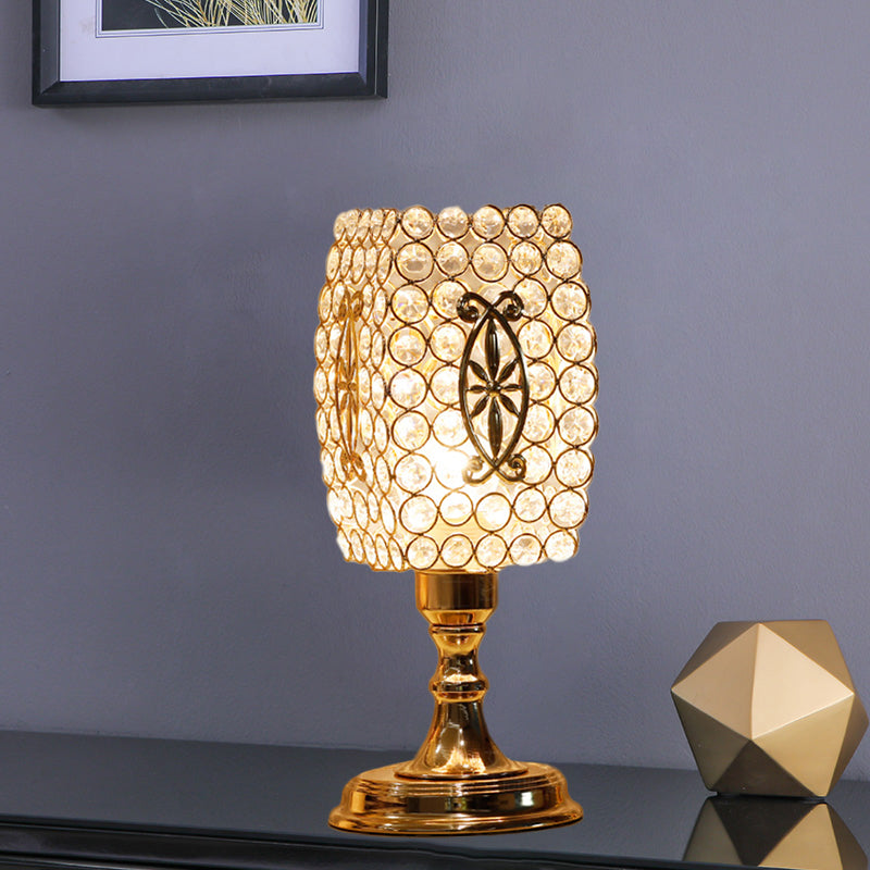 Gold Geometry Reading Light with Grid/Dot Design Modernist 1-Light Crystal Encrusted Nightstand Lamp for Bedside Clearhalo 'Lamps' 'Table Lamps' Lighting' 1907188