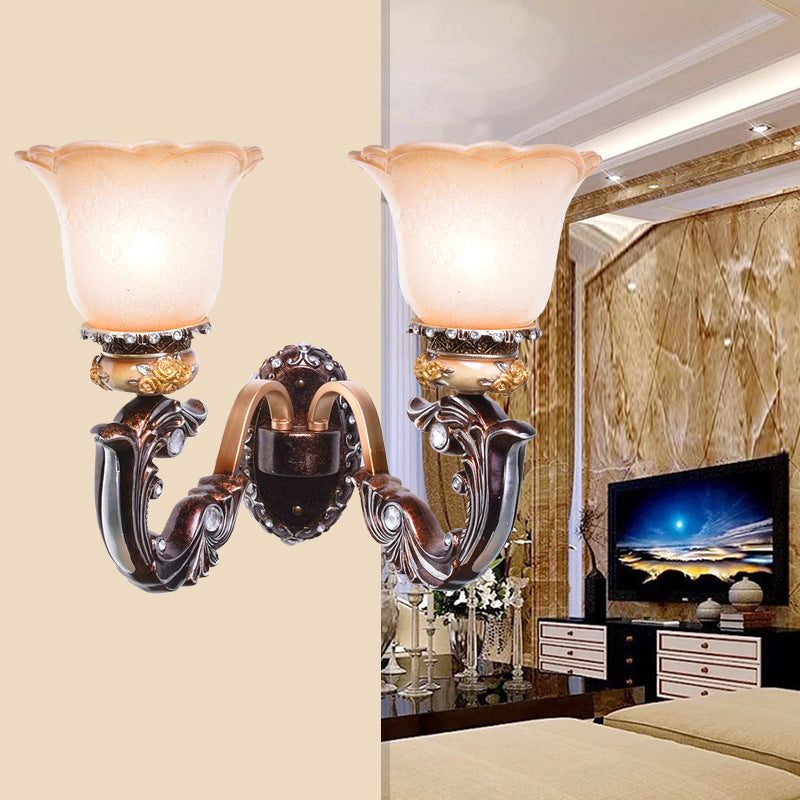 Brown 1/2-Head Wall Mounted Lamp Retro Style Pink and White Glass Floral-Shaped Wall Lighting Fixture 2.0 Brown Clearhalo 'Wall Lamps & Sconces' 'Wall Lights' Lighting' 1907348