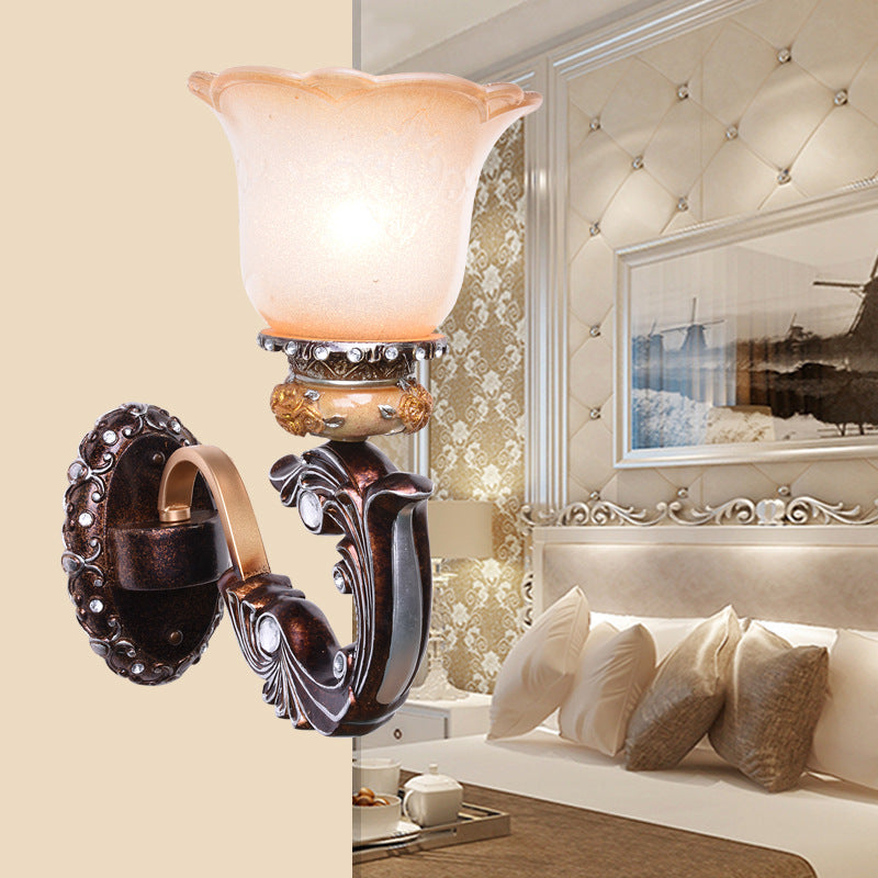 Brown 1/2-Head Wall Mounted Lamp Retro Style Pink and White Glass Floral-Shaped Wall Lighting Fixture 1.0 Brown Clearhalo 'Wall Lamps & Sconces' 'Wall Lights' Lighting' 1907352