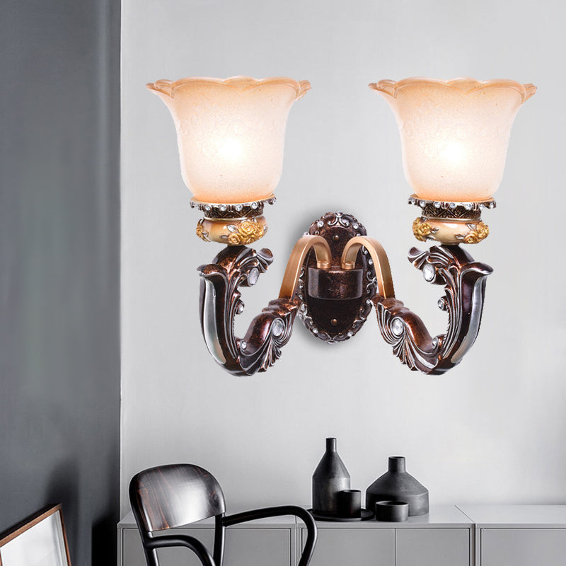 Brown 1/2-Head Wall Mounted Lamp Retro Style Pink and White Glass Floral-Shaped Wall Lighting Fixture Clearhalo 'Wall Lamps & Sconces' 'Wall Lights' Lighting' 1907355