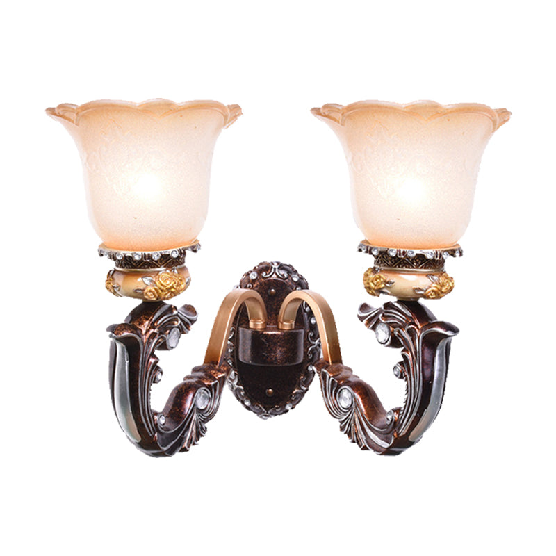 Brown 1/2-Head Wall Mounted Lamp Retro Style Pink and White Glass Floral-Shaped Wall Lighting Fixture Clearhalo 'Wall Lamps & Sconces' 'Wall Lights' Lighting' 1907356