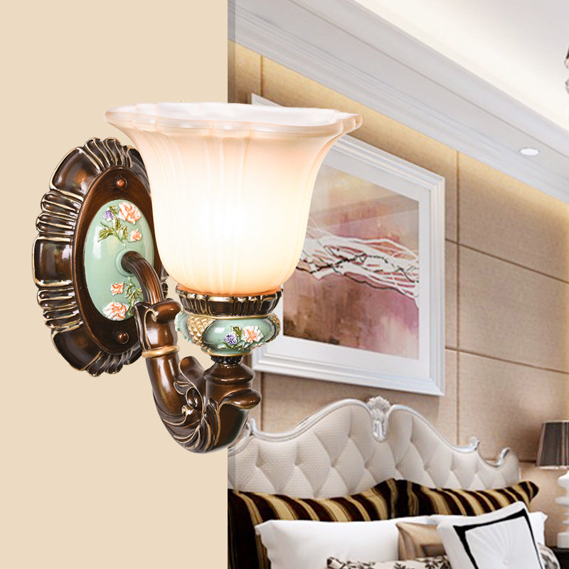 Frosted Glass Brown Wall Light Ridged Bell 1/2-Bulb Rural Wall Sconce Lighting for Guest Room 1.0 Brown Clearhalo 'Wall Lamps & Sconces' 'Wall Lights' Lighting' 1907364