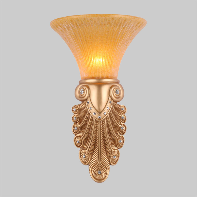Inverted Bell Bedroom Wall Light Warehouse Opal Fluted Glass 1-Bulb Gold Wall Sconce Lighting with Peacock Feather Design, 10"/13" Wide Clearhalo 'Wall Lamps & Sconces' 'Wall Lights' Lighting' 1907396