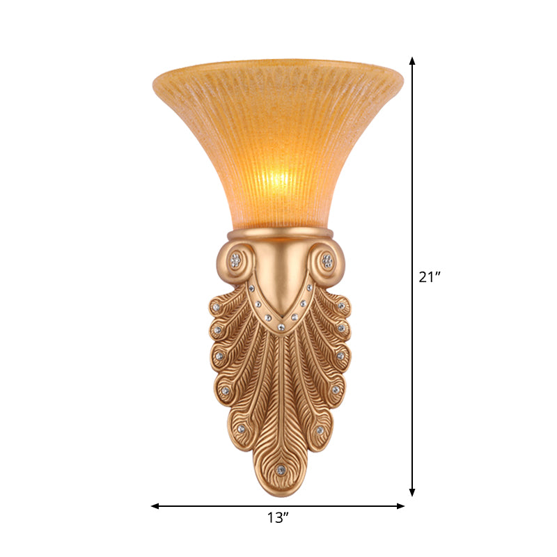 Inverted Bell Bedroom Wall Light Warehouse Opal Fluted Glass 1-Bulb Gold Wall Sconce Lighting with Peacock Feather Design, 10"/13" Wide Clearhalo 'Wall Lamps & Sconces' 'Wall Lights' Lighting' 1907397