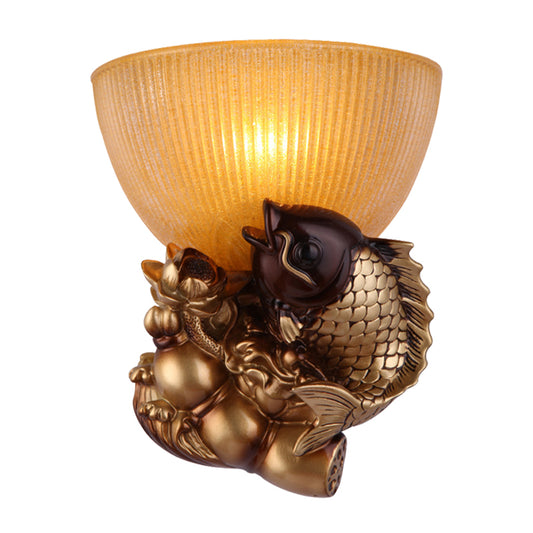 Bowl Bedside Wall Lamp Rustic Style Amber Glass 1 Head Gold Wall Lighting Idea with Fish and Lotus Decor Clearhalo 'Wall Lamps & Sconces' 'Wall Lights' Lighting' 1907472
