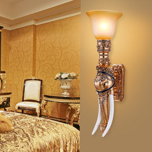 Gold 1 Bulb Sconce Light Traditional Resin Elephant Head Wall Mounted Lighting with Bell Frosted Glass Shade Clearhalo 'Wall Lamps & Sconces' 'Wall Lights' Lighting' 1907476