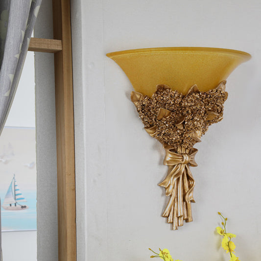 Vintage Wide Bell Wall Mounted Lamp 1 Light Amber/Milky Glass Bouquet Wall Lighting Fixture in Gold/Multi-Color Clearhalo 'Wall Lamps & Sconces' 'Wall Lights' Lighting' 1907482