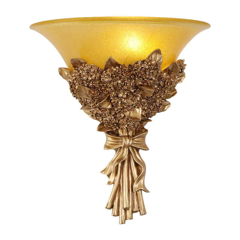Vintage Wide Bell Wall Mounted Lamp 1 Light Amber/Milky Glass Bouquet Wall Lighting Fixture in Gold/Multi-Color Clearhalo 'Wall Lamps & Sconces' 'Wall Lights' Lighting' 1907484