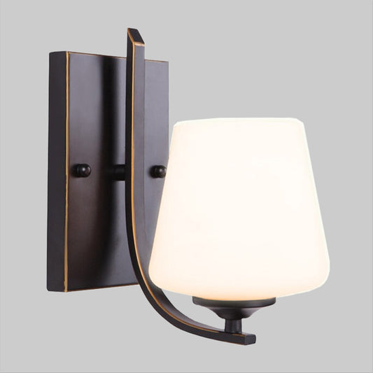 White Glass Black Sconce Lamp Cup-Like Single Bulb Retro Style Wall Mounted Lighting with Rectangle Metal Backplate Clearhalo 'Wall Lamps & Sconces' 'Wall Lights' Lighting' 1907502
