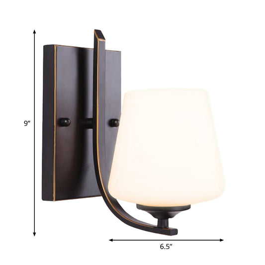 White Glass Black Sconce Lamp Cup-Like Single Bulb Retro Style Wall Mounted Lighting with Rectangle Metal Backplate Clearhalo 'Wall Lamps & Sconces' 'Wall Lights' Lighting' 1907503