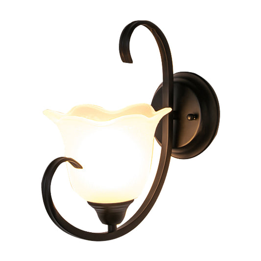 Floral Drawing Room Wall Sconce Country Milky Glass Single Light Black Wall Lighting Idea with Scroll Arm Clearhalo 'Wall Lamps & Sconces' 'Wall Lights' Lighting' 1907507