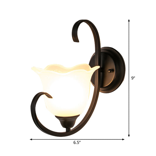 Floral Drawing Room Wall Sconce Country Milky Glass Single Light Black Wall Lighting Idea with Scroll Arm Clearhalo 'Wall Lamps & Sconces' 'Wall Lights' Lighting' 1907509