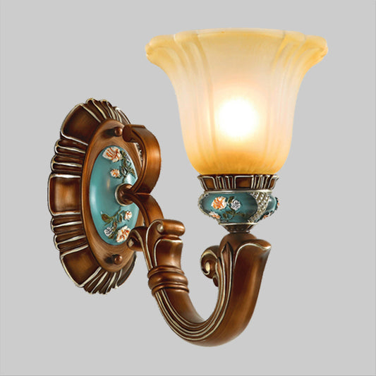 Brown 1-Head Wall Mounted Light Farmhouse Opaline Glass Blossom Etching Pattern Wall Sconce Lighting Clearhalo 'Wall Lamps & Sconces' 'Wall Lights' Lighting' 1907514