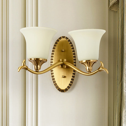 Countryside Bell Wall Lighting 1/2-Light Cream Glass Wall Mounted Lamp with Oval Backplate in Brass Clearhalo 'Wall Lamps & Sconces' 'Wall Lights' Lighting' 1907529
