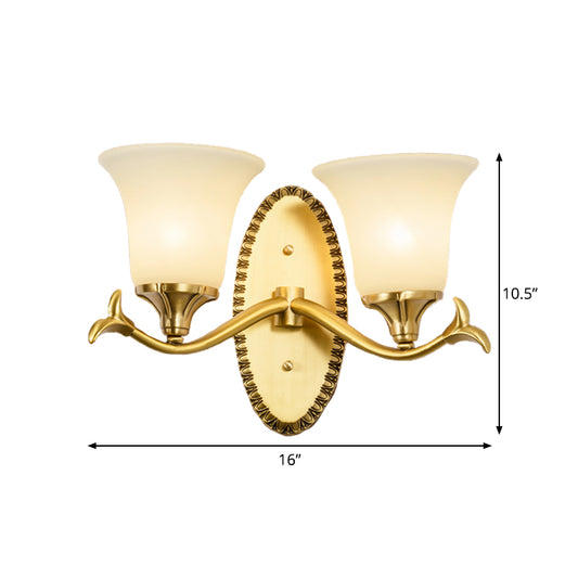 Countryside Bell Wall Lighting 1/2-Light Cream Glass Wall Mounted Lamp with Oval Backplate in Brass Clearhalo 'Wall Lamps & Sconces' 'Wall Lights' Lighting' 1907533