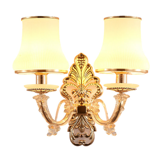 2 Heads Tapered Sconce Light Rural Gold Milky Glass Wall Mounted Lighting with Crystal Ball Droplet Clearhalo 'Wall Lamps & Sconces' 'Wall Lights' Lighting' 1907537