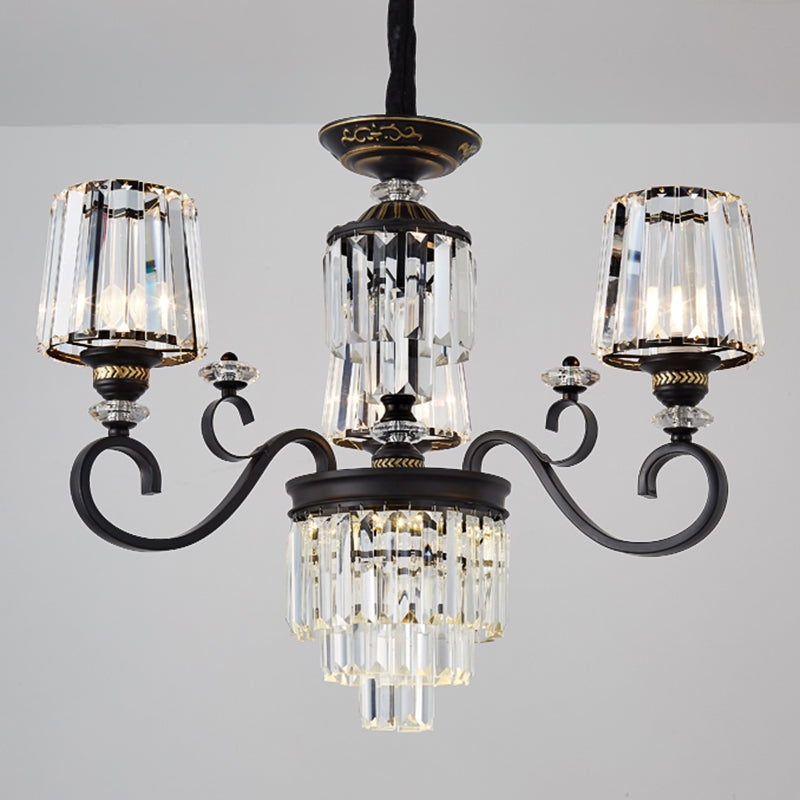 Crystal Rectangle 3-Tier Chandelier Minimalist 3/6 Lights Ceiling Suspension Lamp with Conical Shade in Black Clearhalo 'Ceiling Lights' 'Chandeliers' 'Modern Chandeliers' 'Modern' Lighting' 1907552