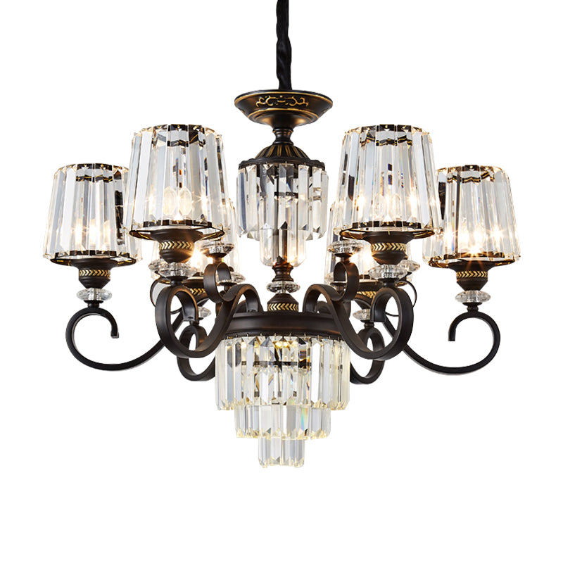 Crystal Rectangle 3-Tier Chandelier Minimalist 3/6 Lights Ceiling Suspension Lamp with Conical Shade in Black Clearhalo 'Ceiling Lights' 'Chandeliers' 'Modern Chandeliers' 'Modern' Lighting' 1907558