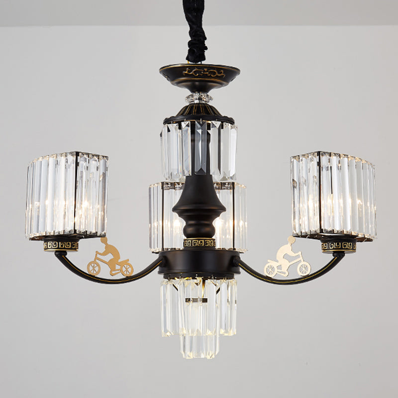 Contemporary 3/6 Heads Ceiling Light Black Cuboid Chandelier Lighting Fixture with Clear Crystal Shade Clearhalo 'Ceiling Lights' 'Chandeliers' 'Modern Chandeliers' 'Modern' Lighting' 1907562