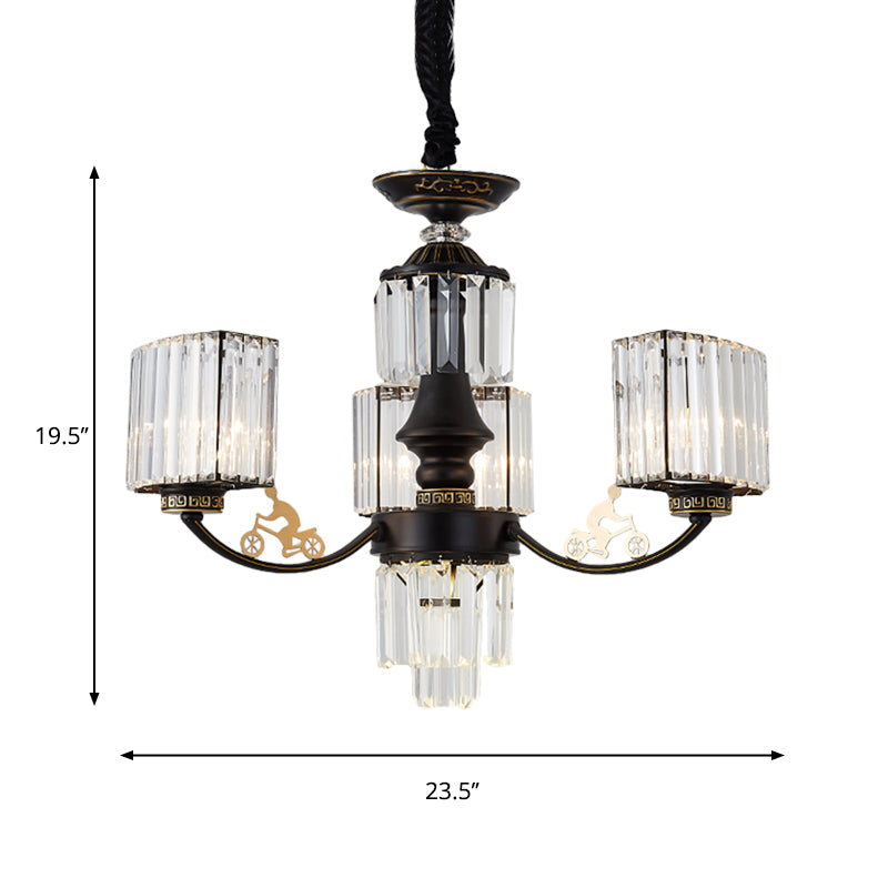 Contemporary 3/6 Heads Ceiling Light Black Cuboid Chandelier Lighting Fixture with Clear Crystal Shade Clearhalo 'Ceiling Lights' 'Chandeliers' 'Modern Chandeliers' 'Modern' Lighting' 1907564