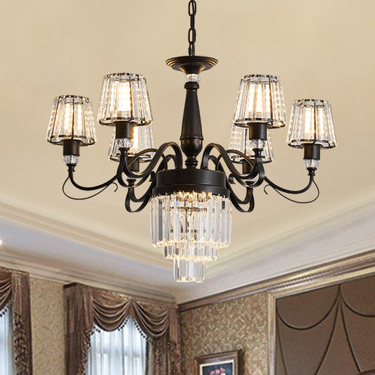3-Tier Drawing Room Hanging Chandelier Crystal Rectangle 6 Bulbs Simple Ceiling Light with Conic Shade in Black Clearhalo 'Ceiling Lights' 'Chandeliers' 'Modern Chandeliers' 'Modern' Lighting' 1907570