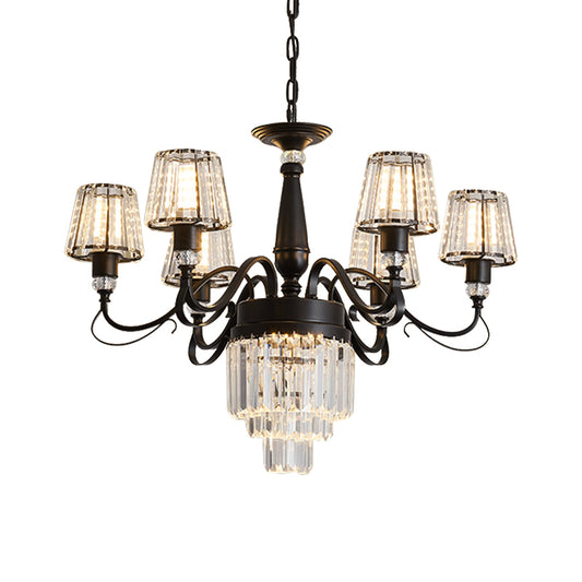 3-Tier Drawing Room Hanging Chandelier Crystal Rectangle 6 Bulbs Simple Ceiling Light with Conic Shade in Black Clearhalo 'Ceiling Lights' 'Chandeliers' 'Modern Chandeliers' 'Modern' Lighting' 1907572