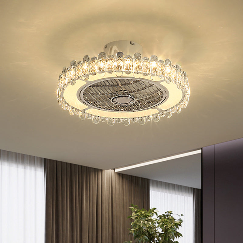 19.5" W Simple Drum Hanging Fan Lamp Clear Crystal Dining Room LED Semi Flush Light in Chrome Clearhalo 'Ceiling Fans with Lights' 'Ceiling Fans' 'Modern Ceiling Fans' 'Modern' Lighting' 1907585