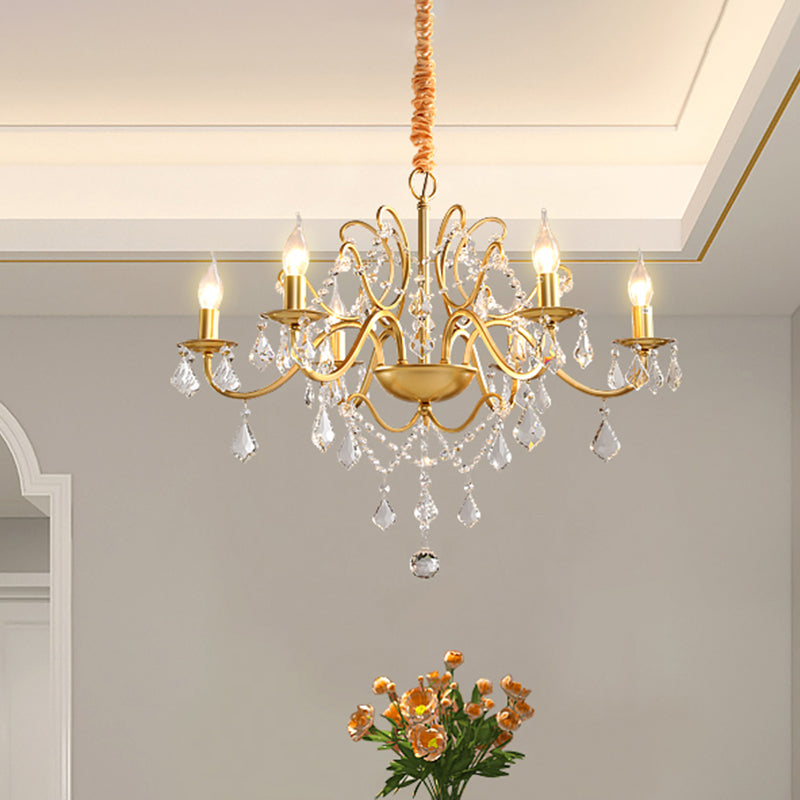 Metal Candle Ceiling Chandelier Modernist 6 Bulbs Brass Suspension Lamp with Crystal Strands Brass Clearhalo 'Ceiling Lights' 'Chandeliers' 'Modern Chandeliers' 'Modern' Lighting' 1907589