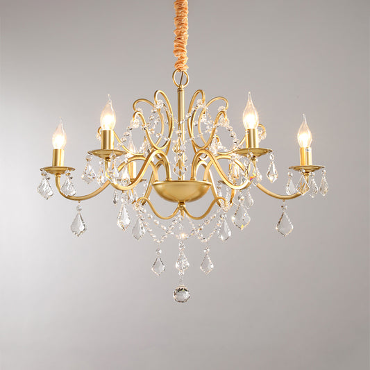 Metal Candle Ceiling Chandelier Modernist 6 Bulbs Brass Suspension Lamp with Crystal Strands Clearhalo 'Ceiling Lights' 'Chandeliers' 'Modern Chandeliers' 'Modern' Lighting' 1907590