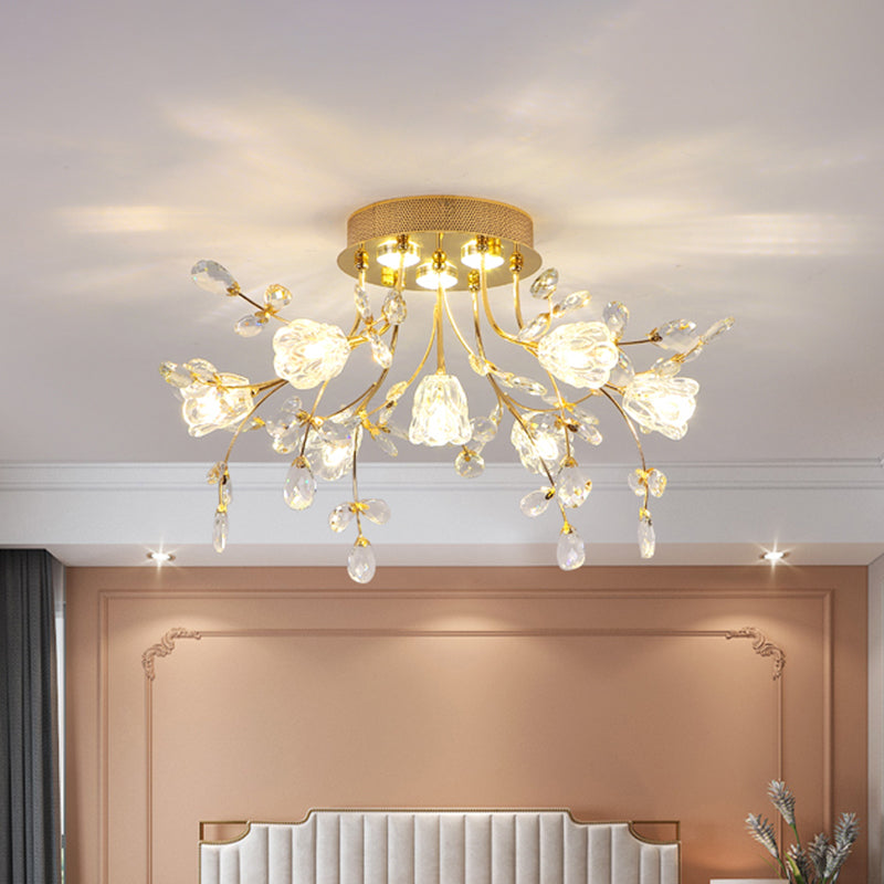 Simple Blossom Ceiling Fixture Hand-Cut Crystal 7 Lights Sitting Room Semi Flush Mount in Gold Gold Clearhalo 'Ceiling Lights' 'Close To Ceiling Lights' 'Close to ceiling' 'Semi-flushmount' Lighting' 1907613