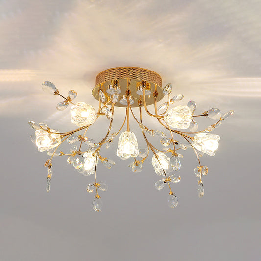 Simple Blossom Ceiling Fixture Hand-Cut Crystal 7 Lights Sitting Room Semi Flush Mount in Gold Clearhalo 'Ceiling Lights' 'Close To Ceiling Lights' 'Close to ceiling' 'Semi-flushmount' Lighting' 1907614