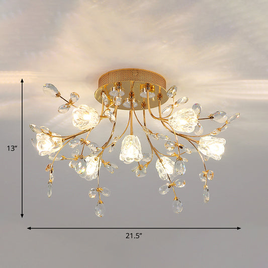 Simple Blossom Ceiling Fixture Hand-Cut Crystal 7 Lights Sitting Room Semi Flush Mount in Gold Clearhalo 'Ceiling Lights' 'Close To Ceiling Lights' 'Close to ceiling' 'Semi-flushmount' Lighting' 1907615