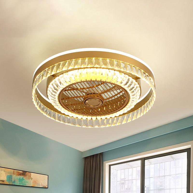 Round Living Room Ceiling Fan Lamp Crystal Block LED Modernist 4 Blades Semi Flush Light in Gold, 23.5" W Gold Clearhalo 'Ceiling Fans with Lights' 'Ceiling Fans' 'Modern Ceiling Fans' 'Modern' Lighting' 1907620