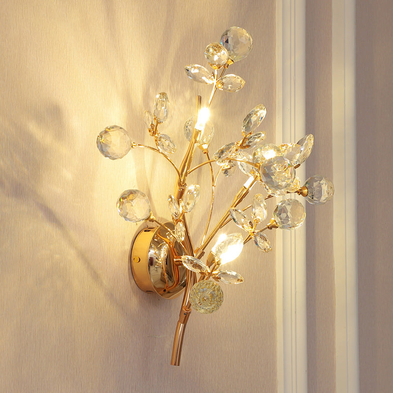 Beveled Crystal Branch Wall Light Modernist 2/3 Heads Wall Mounted Lighting Fixture in Gold 3.0 Gold Clearhalo 'Cast Iron' 'Glass' 'Industrial' 'Modern wall lights' 'Modern' 'Tiffany' 'Traditional wall lights' 'Wall Lamps & Sconces' 'Wall Lights' Lighting' 1907644