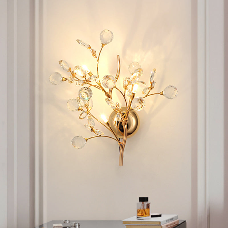 Beveled Crystal Branch Wall Light Modernist 2/3 Heads Wall Mounted Lighting Fixture in Gold Clearhalo 'Cast Iron' 'Glass' 'Industrial' 'Modern wall lights' 'Modern' 'Tiffany' 'Traditional wall lights' 'Wall Lamps & Sconces' 'Wall Lights' Lighting' 1907645