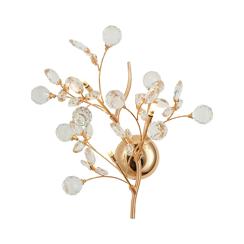 Beveled Crystal Branch Wall Light Modernist 2/3 Heads Wall Mounted Lighting Fixture in Gold Clearhalo 'Cast Iron' 'Glass' 'Industrial' 'Modern wall lights' 'Modern' 'Tiffany' 'Traditional wall lights' 'Wall Lamps & Sconces' 'Wall Lights' Lighting' 1907646