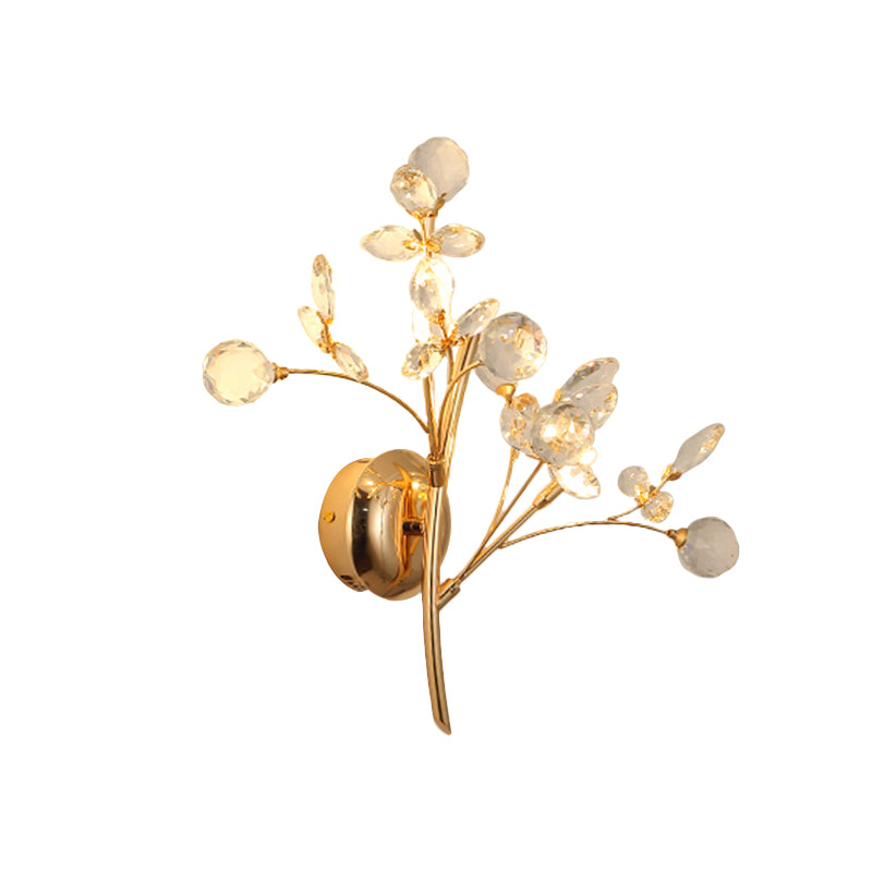Beveled Crystal Branch Wall Light Modernist 2/3 Heads Wall Mounted Lighting Fixture in Gold Clearhalo 'Cast Iron' 'Glass' 'Industrial' 'Modern wall lights' 'Modern' 'Tiffany' 'Traditional wall lights' 'Wall Lamps & Sconces' 'Wall Lights' Lighting' 1907649
