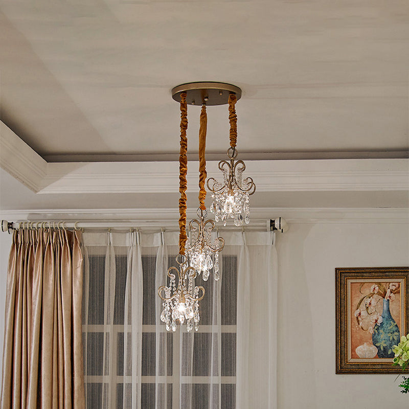 Metal Curvy Arm Multi Pendant Light Simplicity 3 Heads Gold Ceiling Lighting with Crystal Strands Clearhalo 'Ceiling Lights' 'Modern Pendants' 'Modern' 'Pendant Lights' 'Pendants' Lighting' 1907681