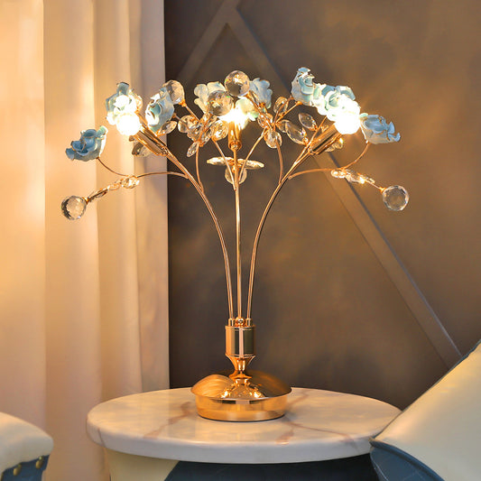 3 Bulbs Gold Ball Desk Lamp Modern Faceted Crystal Nightstand Light with Ceramic Flower Design Clearhalo 'Lamps' 'Table Lamps' Lighting' 1907686