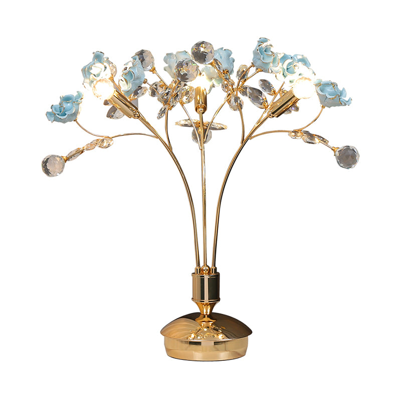 3 Bulbs Gold Ball Desk Lamp Modern Faceted Crystal Nightstand Light with Ceramic Flower Design Clearhalo 'Lamps' 'Table Lamps' Lighting' 1907687