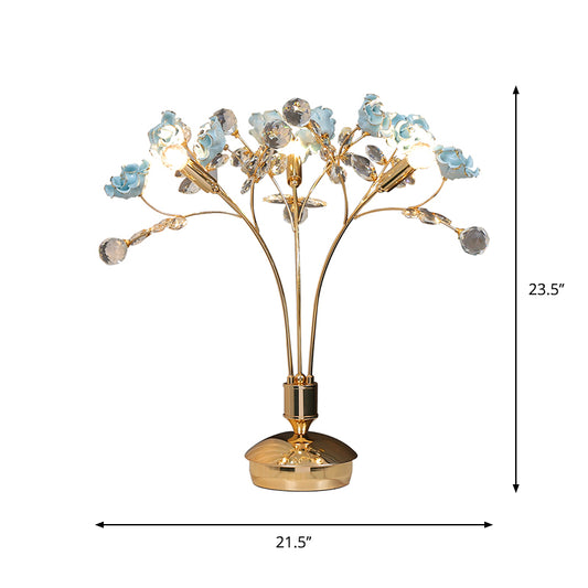 3 Bulbs Gold Ball Desk Lamp Modern Faceted Crystal Nightstand Light with Ceramic Flower Design Clearhalo 'Lamps' 'Table Lamps' Lighting' 1907688